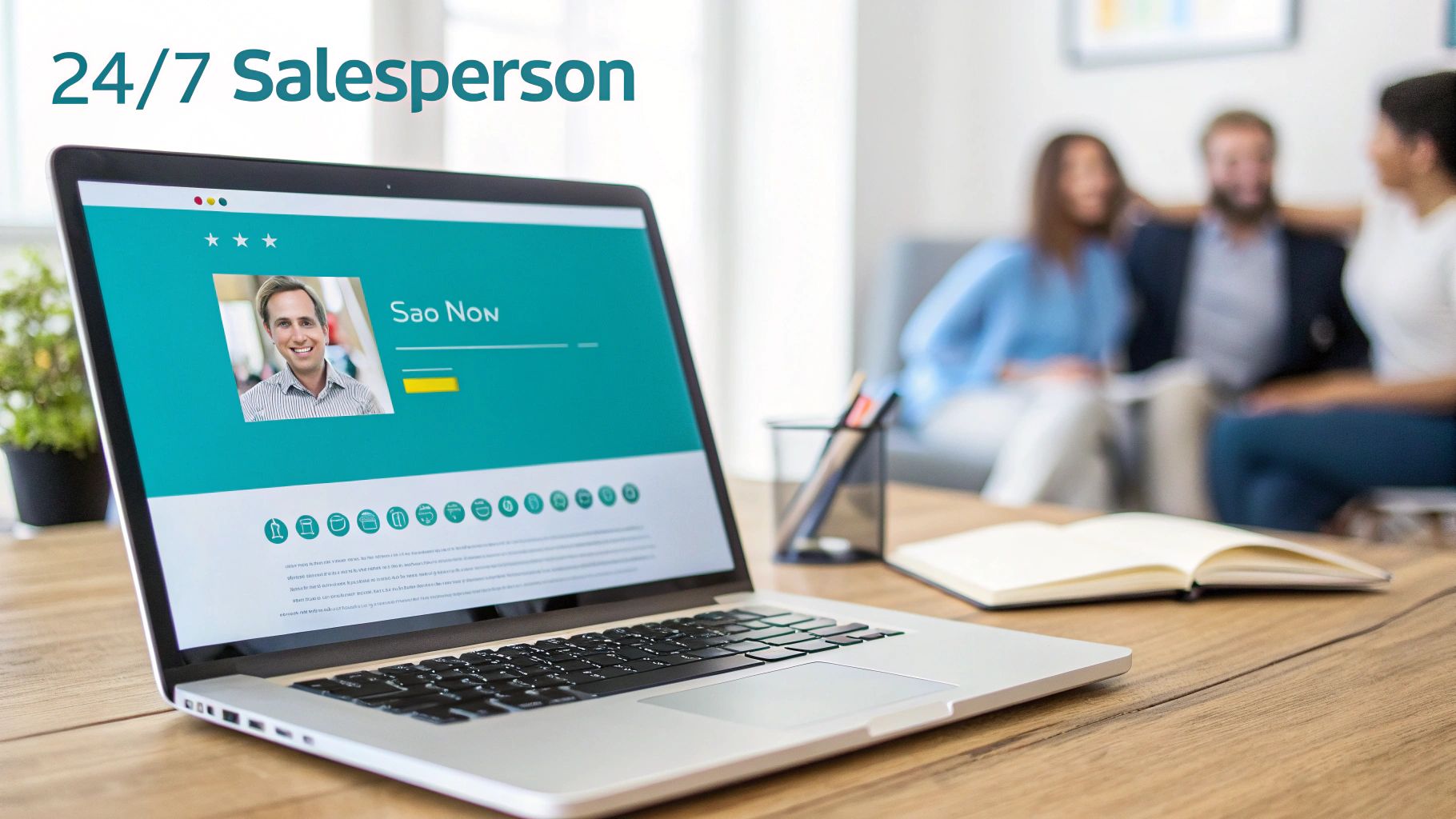 A laptop displaying a salesperson profile with text '24/7 Salesperson' on a wooden desk.