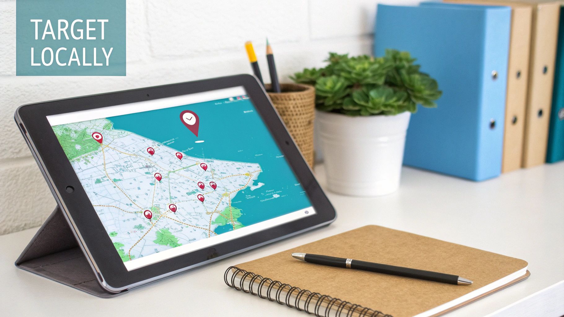A tablet displaying a digital map with red location pins, suggesting local targeting strategies.
