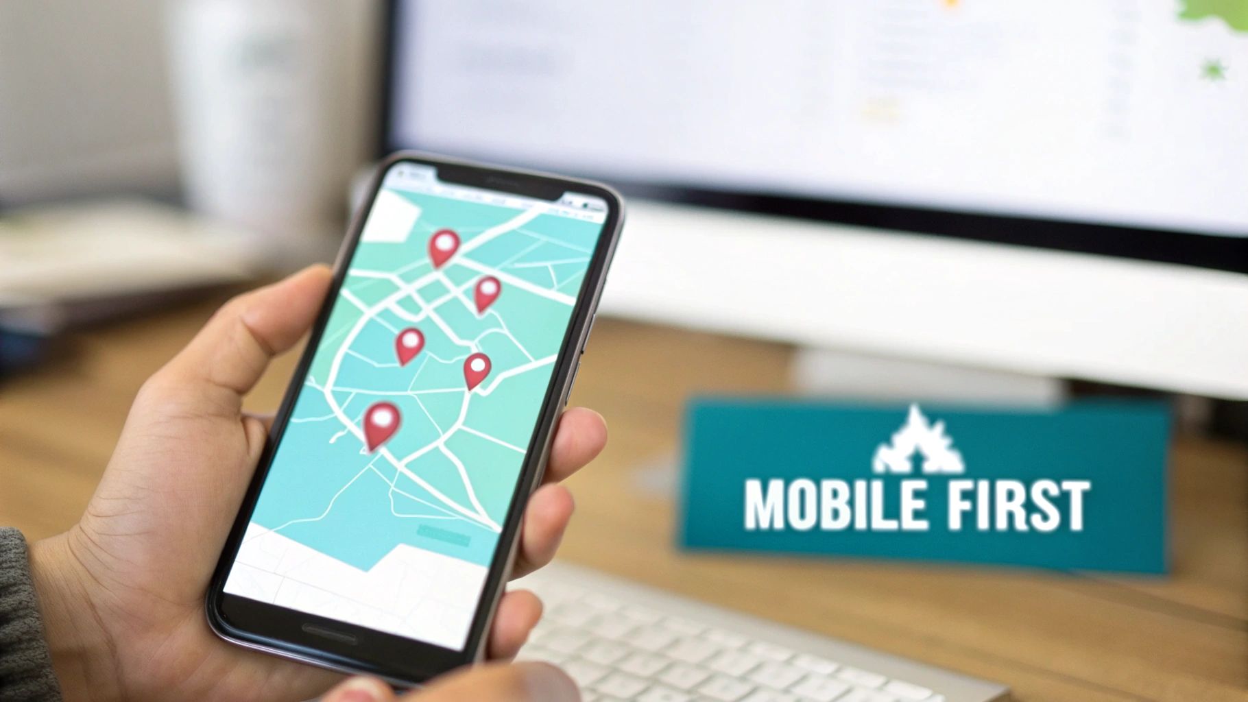 A hand holds a smartphone displaying a map with location pins, next to a 'MOBILE FIRST' sign.