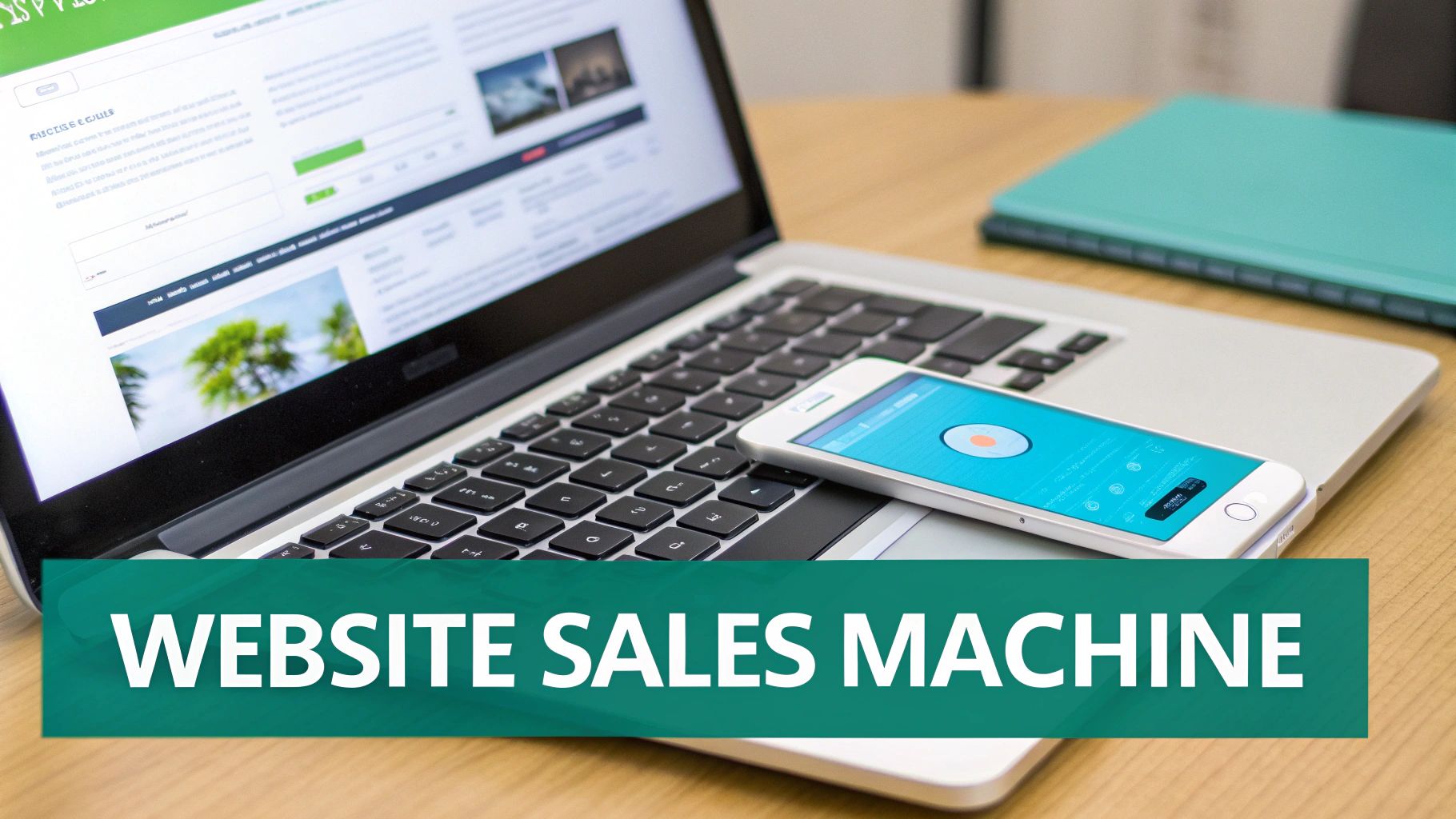A laptop and smartphone on a wooden desk, with text 'WEBSITE SALES MACHINE' overlayed.