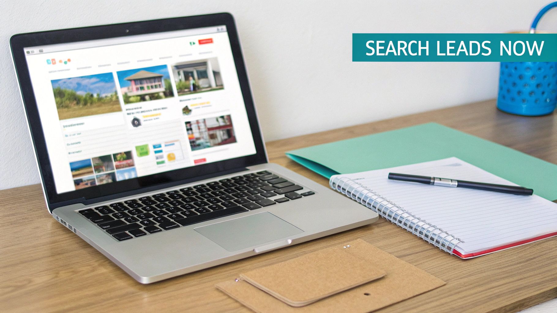 A laptop on a wooden desk displays real estate listings. A 'SEARCH LEADS NOW' banner, notebook, and pen are also visible.
