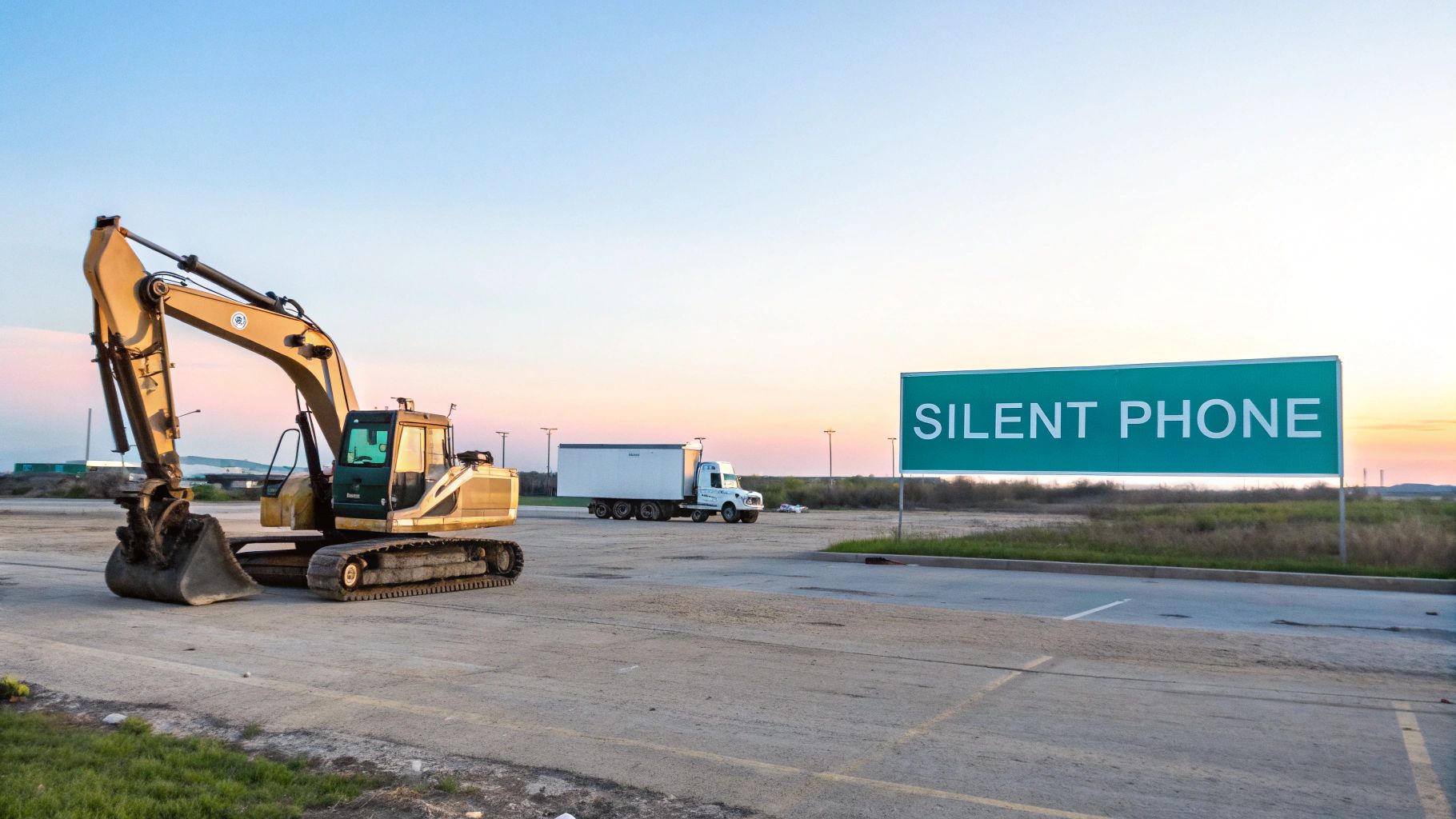 An excavator and a semi-truck are parked in a desolate lot next to a green 'SILENT PHONE' sign under a sunset sky.