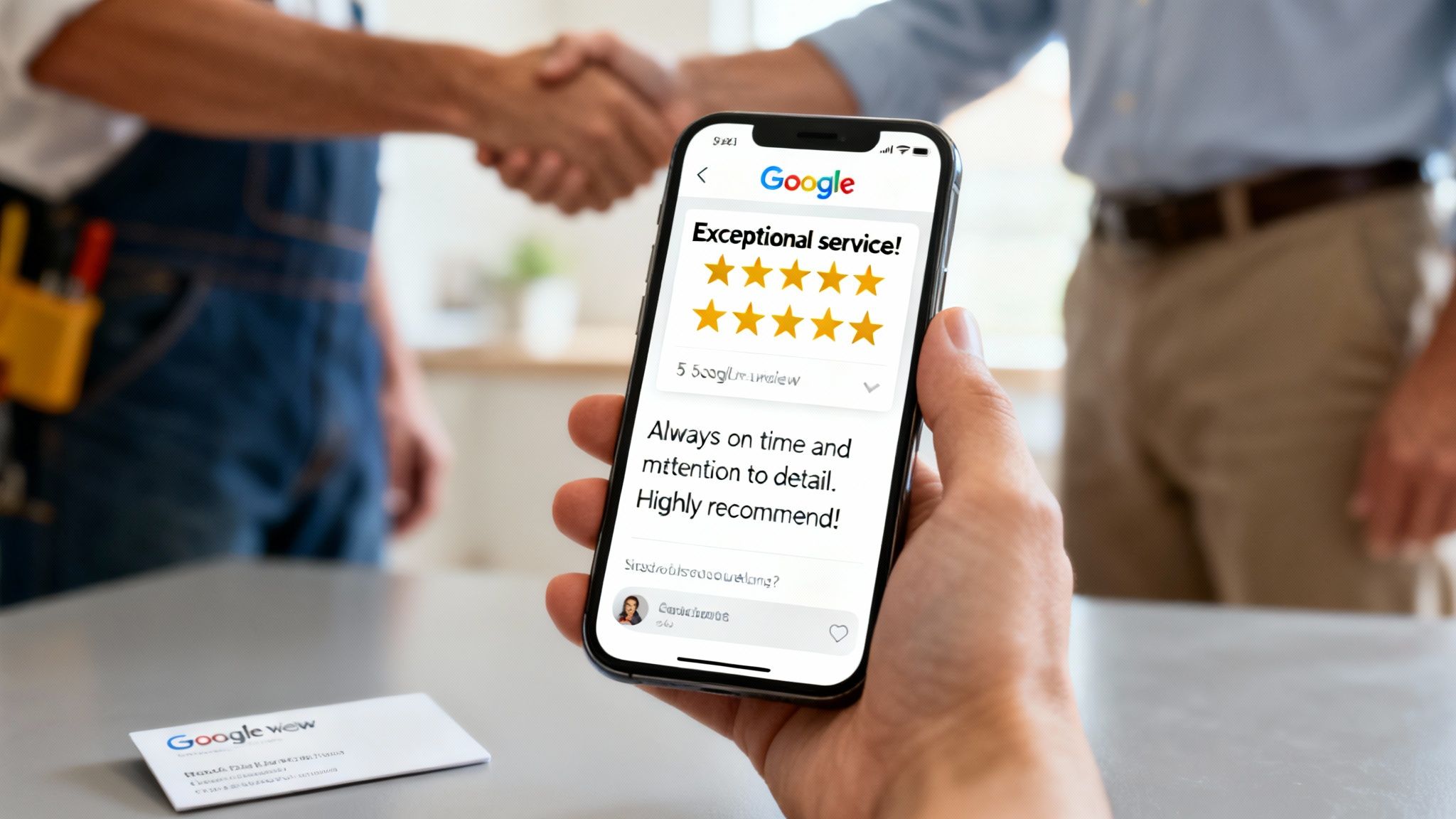 A contractor showing a happy customer the finished work on a tablet