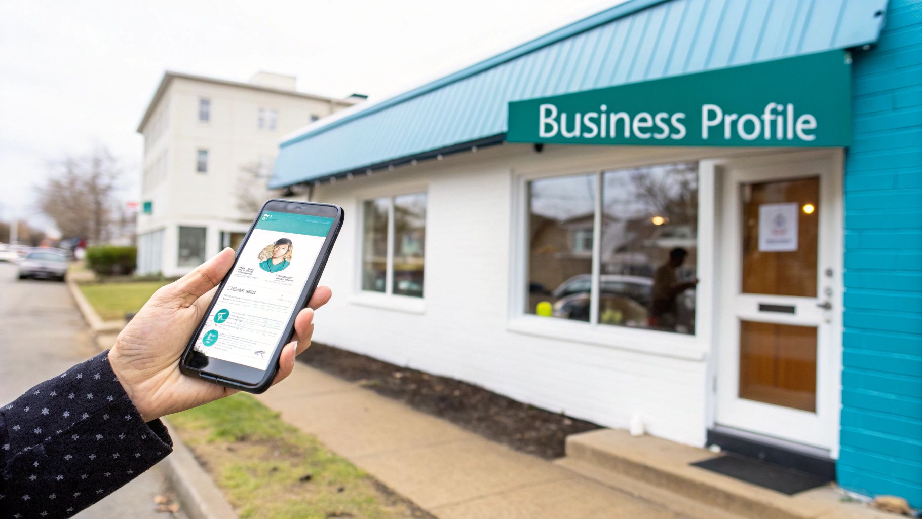 Hand holding a smartphone displaying a business profile app in front of a storefront with a 'Business Profile' sign.