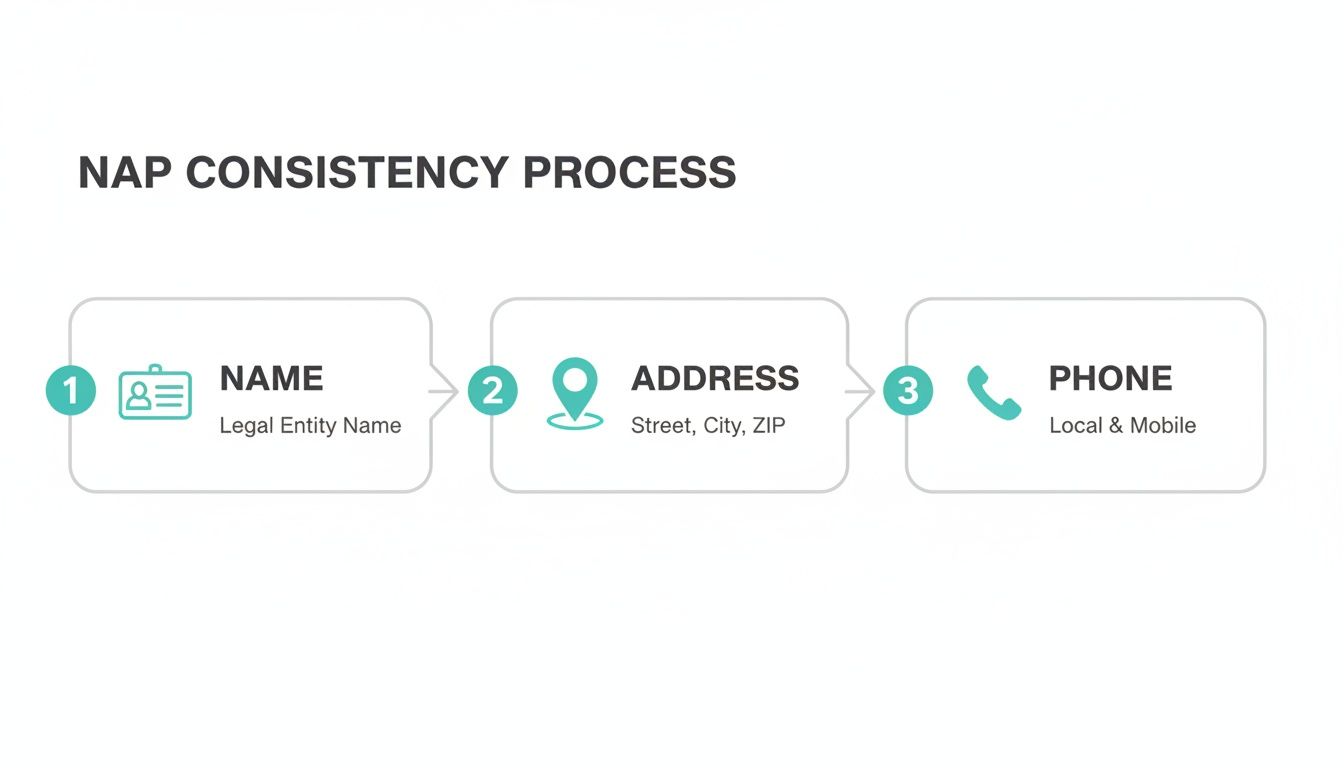 Diagram illustrating the NAP consistency process for business name, address, and phone number data.
