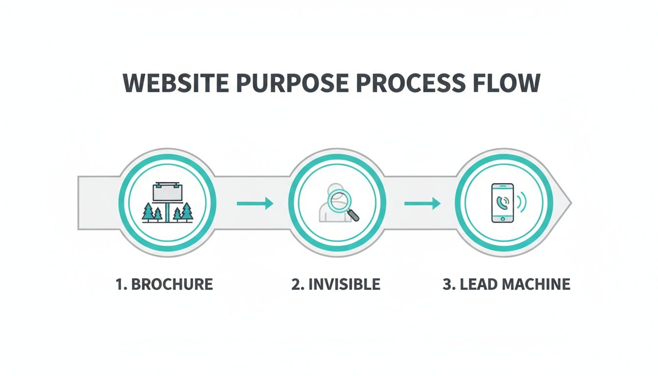 Flowchart illustrating the three purposes of a website: brochure, invisible, and lead machine.