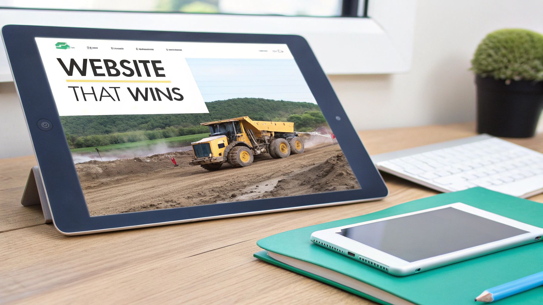 A large tablet displays a website featuring a yellow dump truck on a construction site, with 'WEBSITE THAT WINS' text.