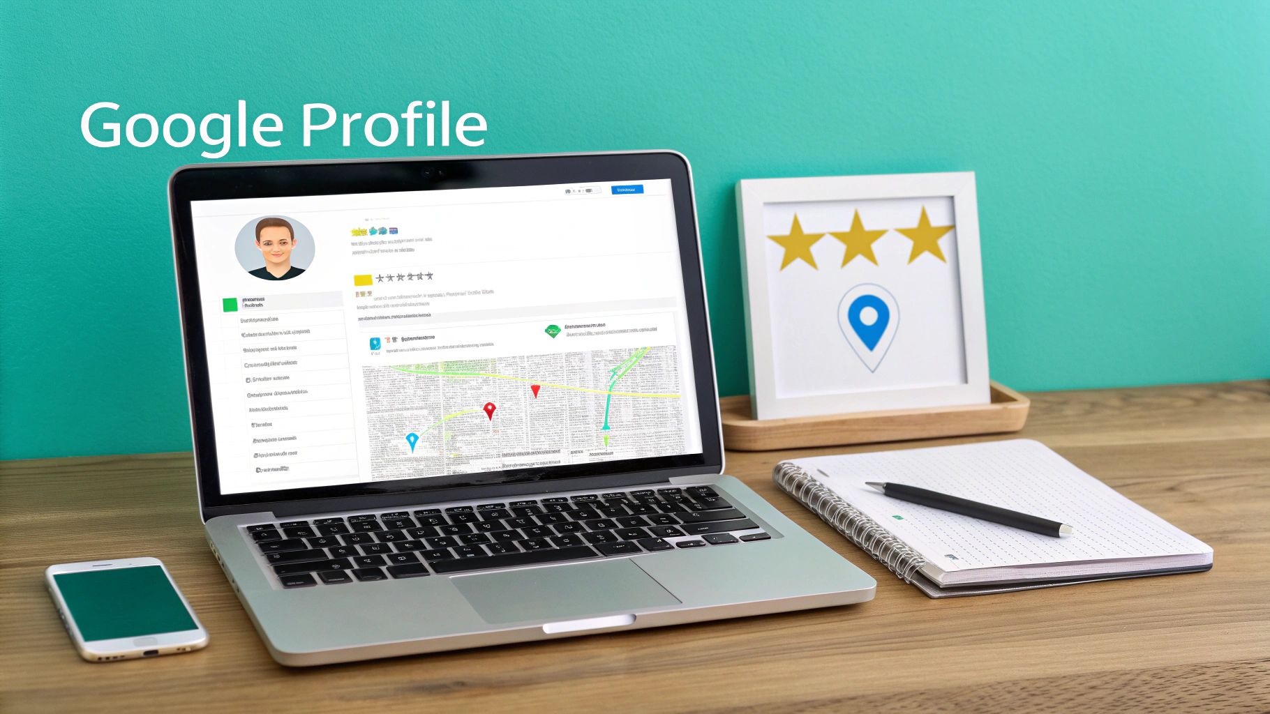 Laptop displaying a Google Profile with map and reviews, beside a smartphone and star rating picture.