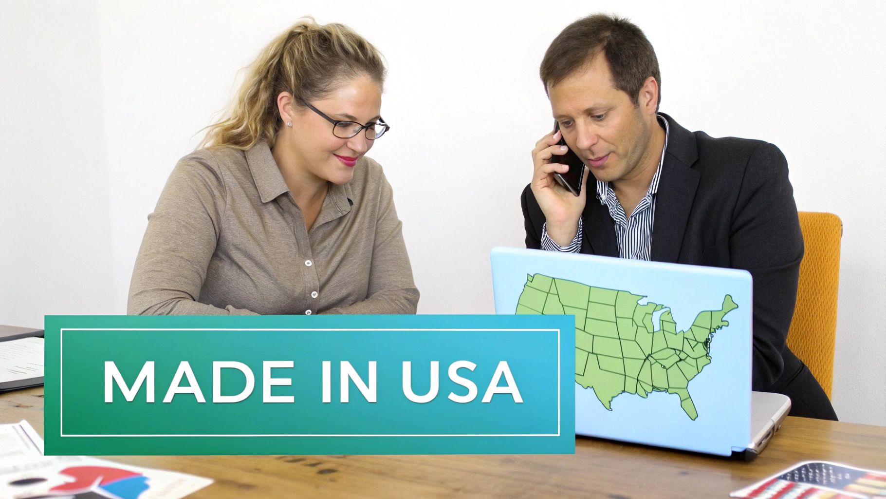Two business people working, with a 'MADE IN USA' banner and a US map on a laptop.