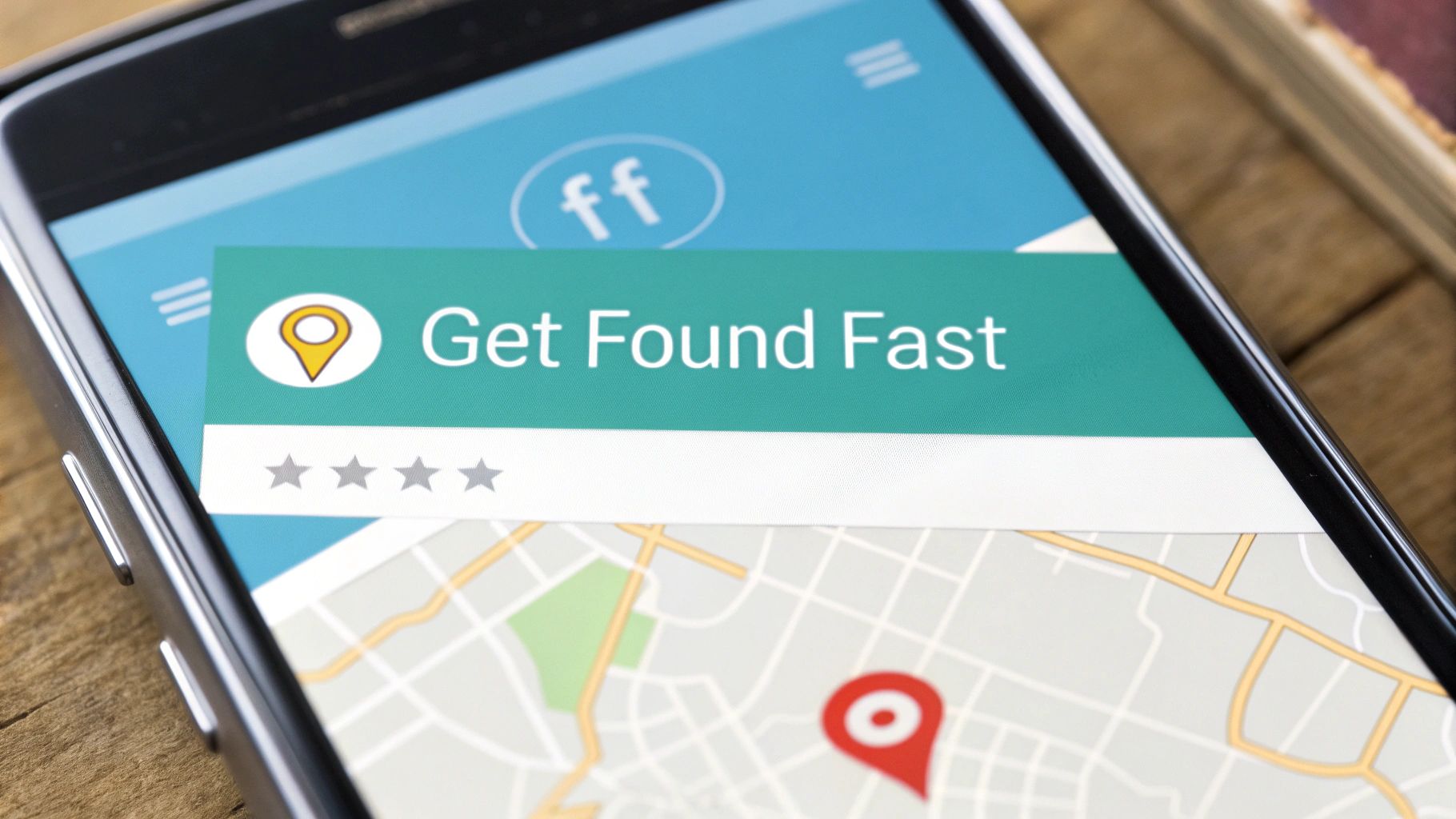Smartphone showing a 'Get Found Fast' app with location pins, a map, and star ratings.