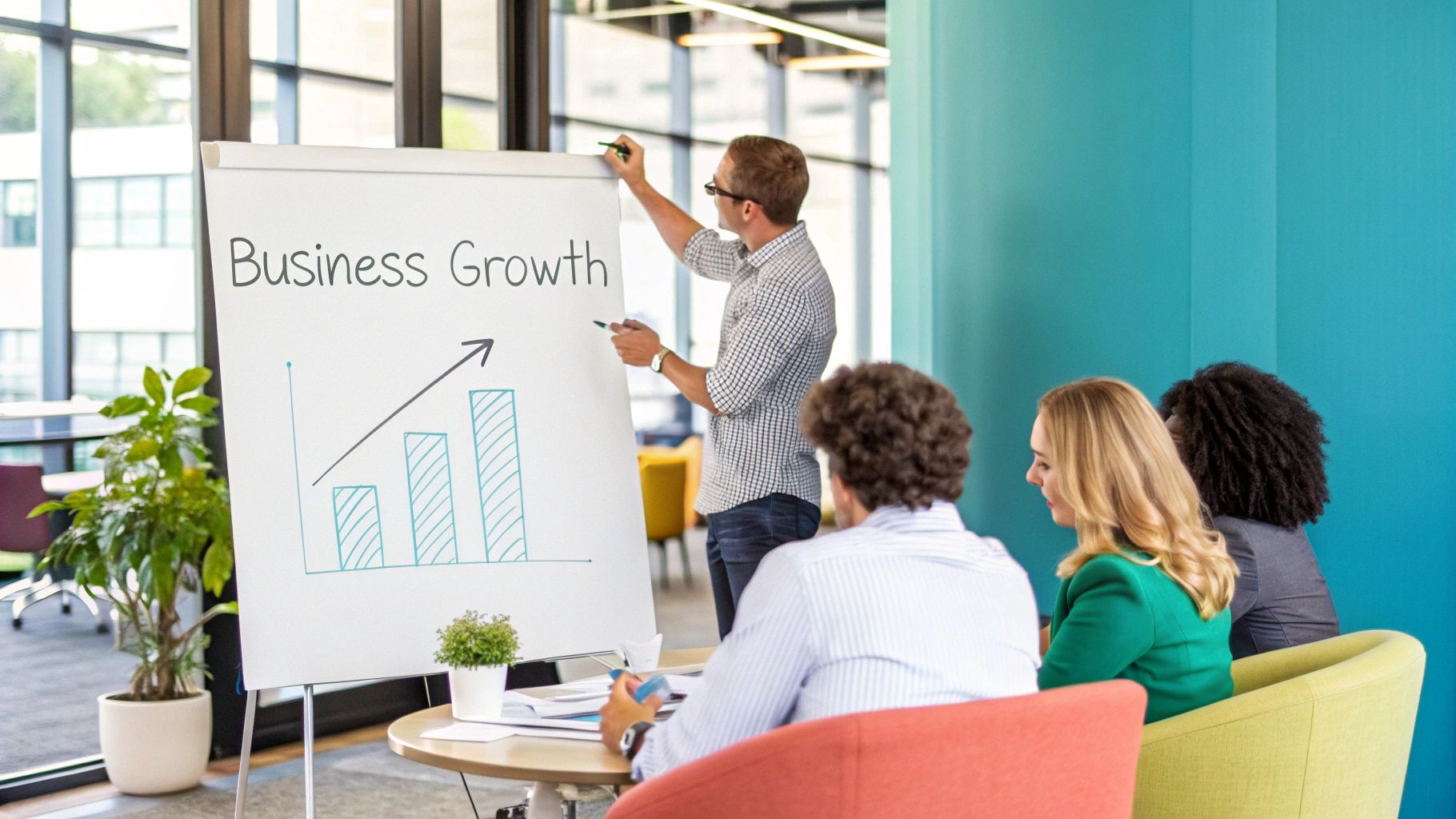 A person watering a small seedling that is growing into a large, healthy plant, symbolizing business growth.