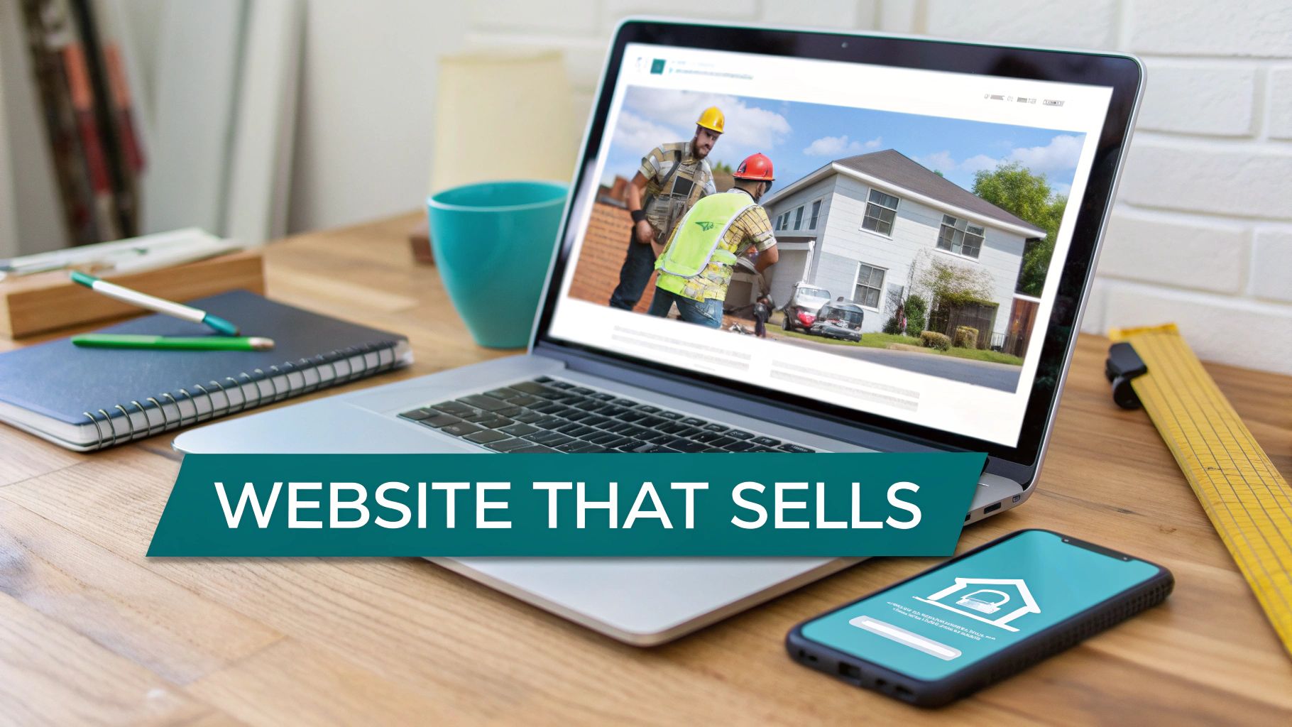 Laptop displaying contractor website with construction workers on screen alongside notebook and smartphone on wooden desk