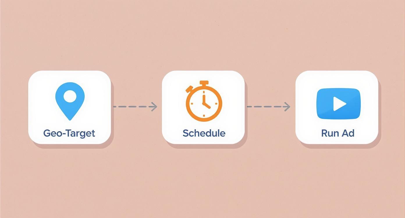 A workflow diagram showing the steps for geo-targeting, scheduling, and running an ad campaign.