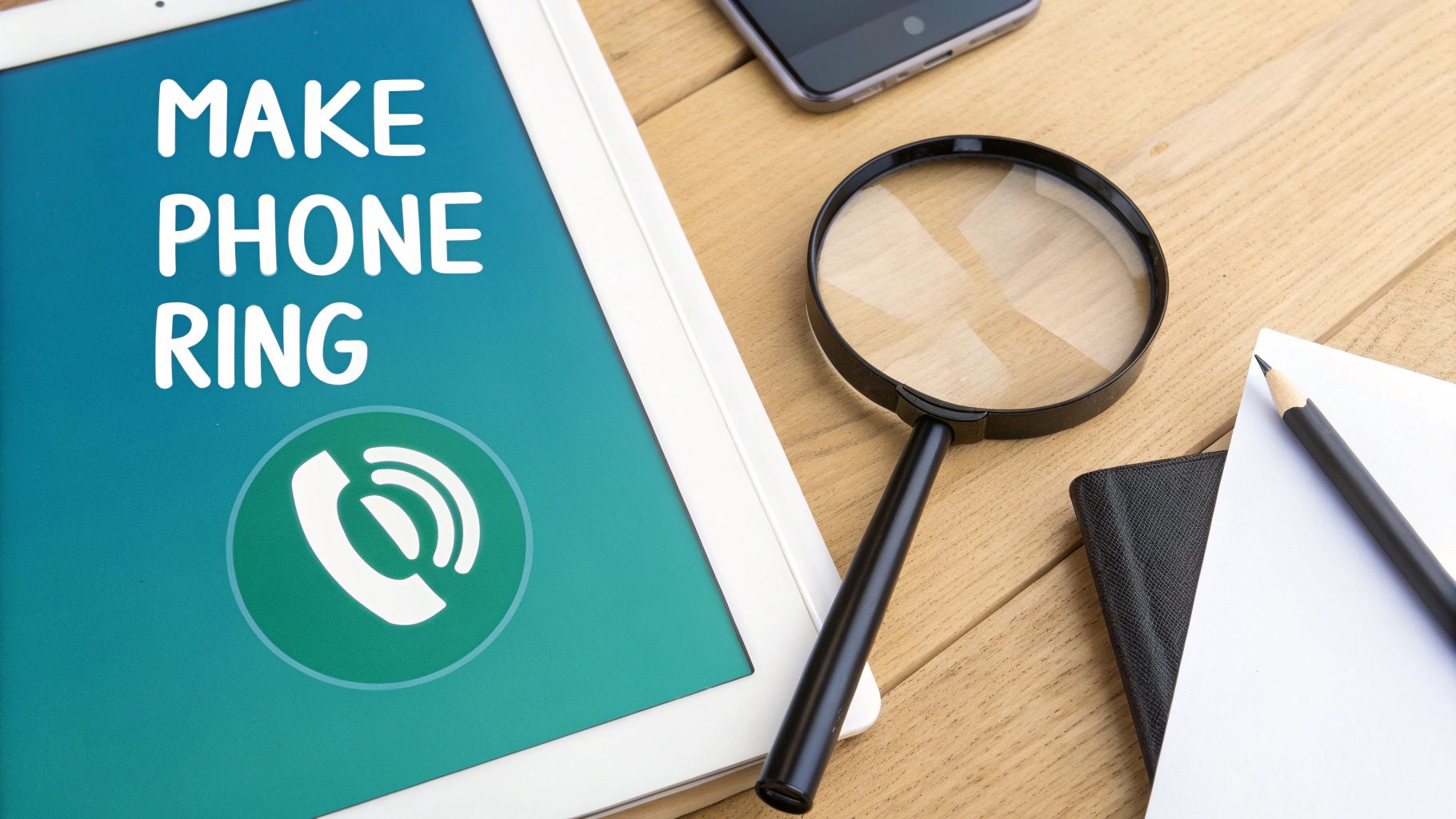 Tablet showing 'MAKE PHONE RING' and a phone icon, with a magnifying glass and office supplies on a wooden desk.