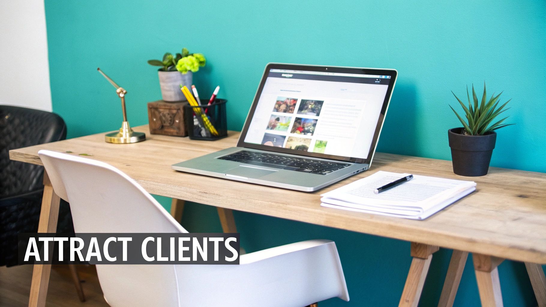 A modern home office setup with a laptop, plants, and office supplies on a wooden desk.