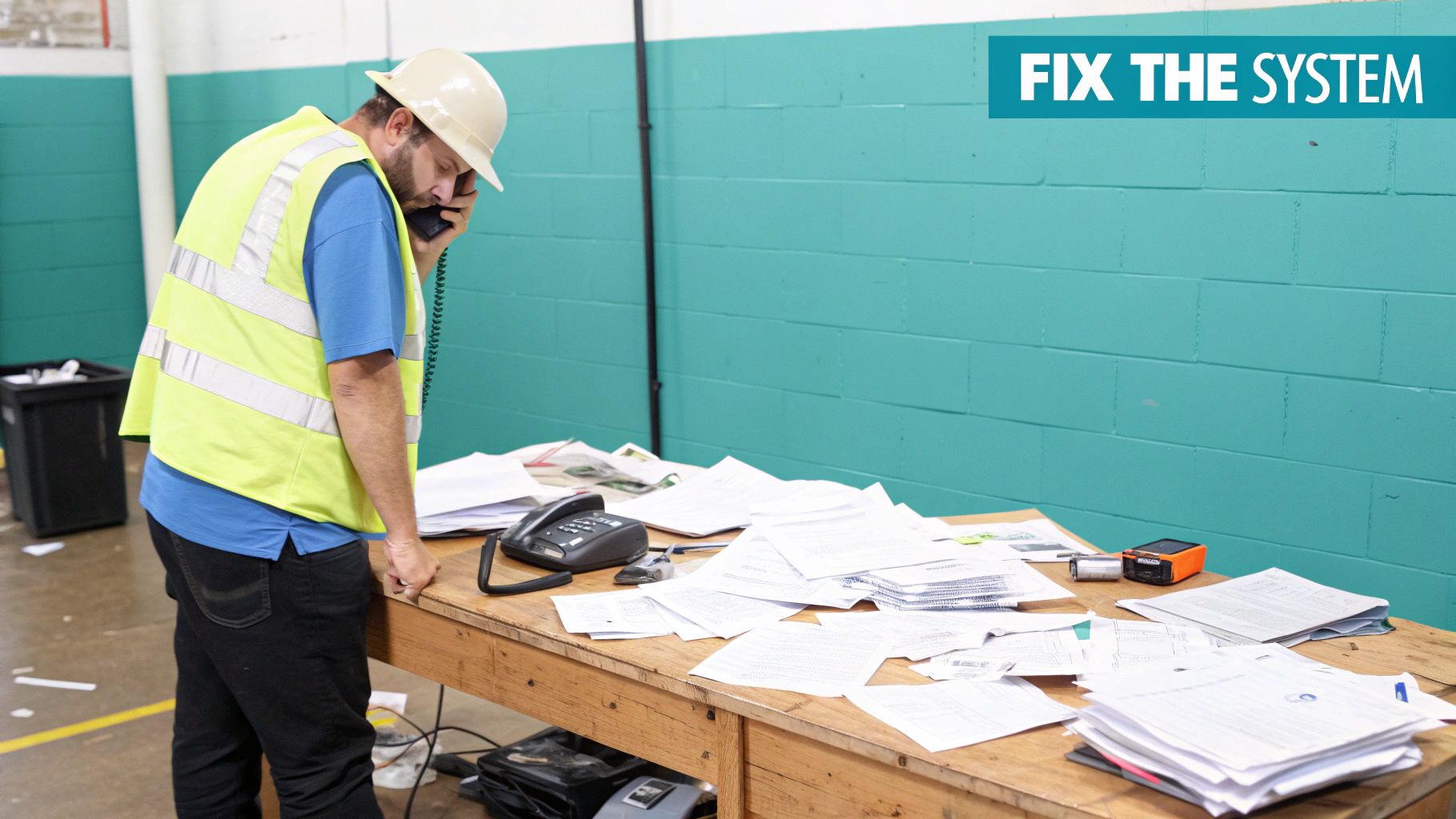 A construction worker in a hard hat and safety vest talks on a phone at a messy desk with papers.