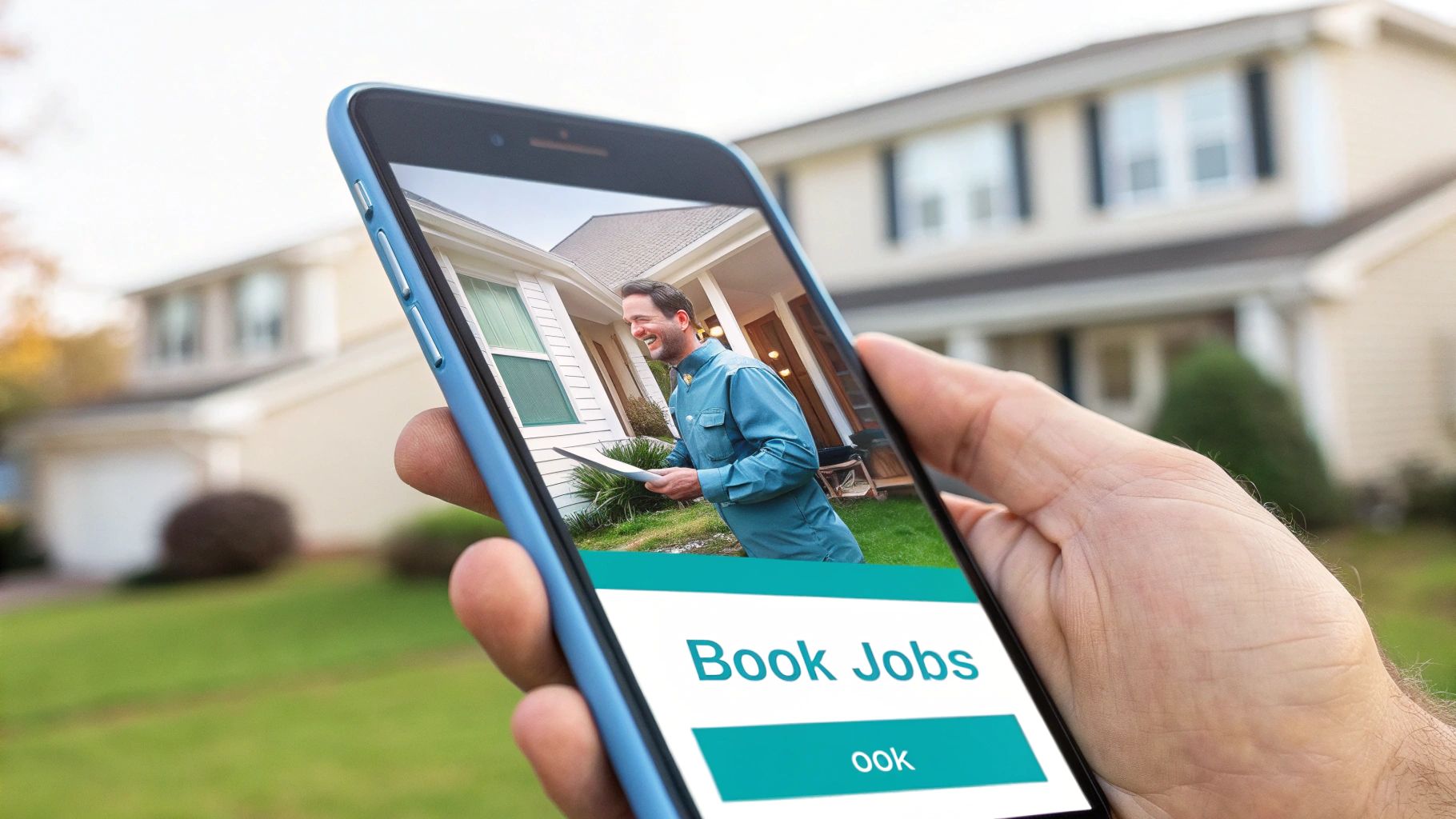 Person holding smartphone with home services job booking app displayed on screen outdoors