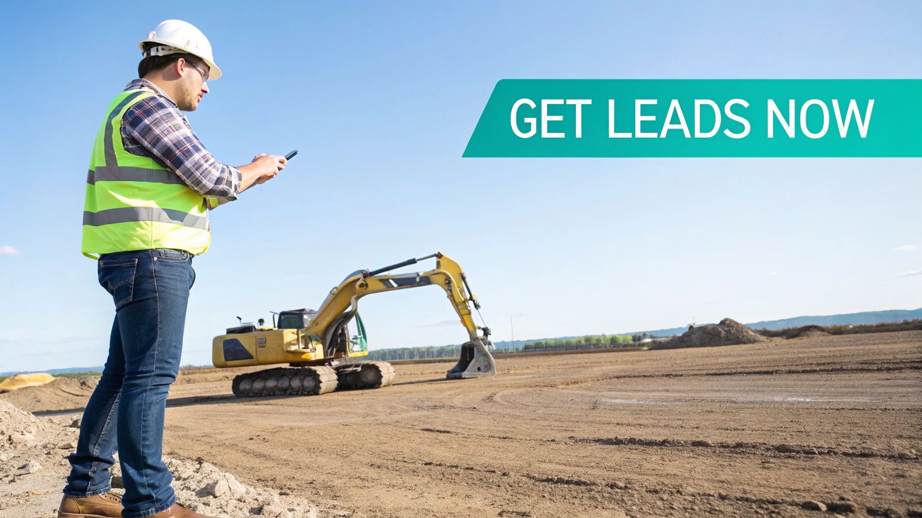 A construction worker in a hard hat and safety vest uses a smartphone on a dirt construction site with an excavator.