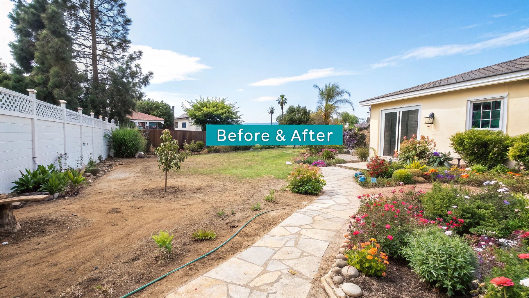 Landscaper website portfolio showing before and after photos of a backyard project.