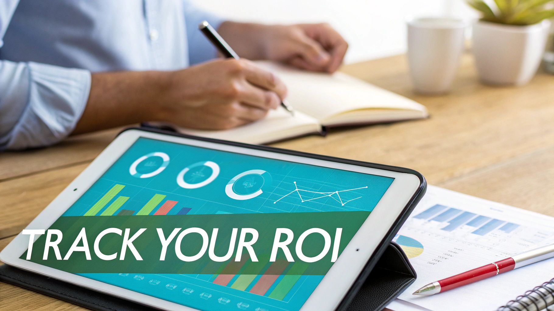 A person writing notes, with a tablet displaying charts, graphs, and 'TRACK YOUR ROI' text on a wooden desk.