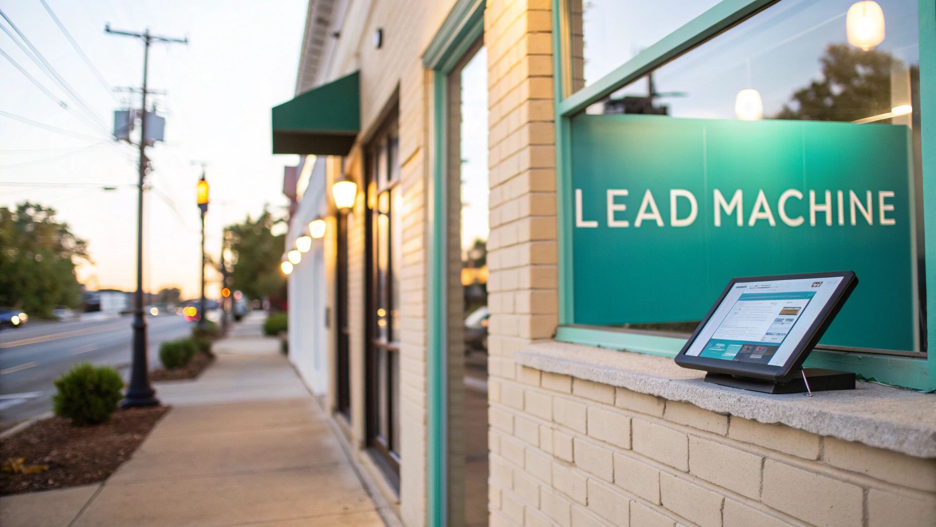 A bright, colorful machine with gears and funnels, producing glowing customer icons, representing a lead generation machine for a local business.