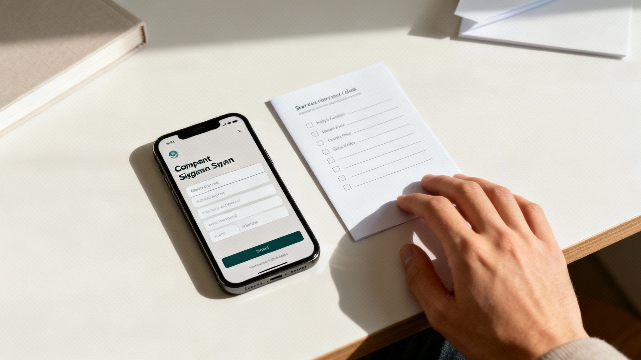 A painter handing a homeowner a clipboard with a checklist on it, both smiling in front of a freshly painted wall.
