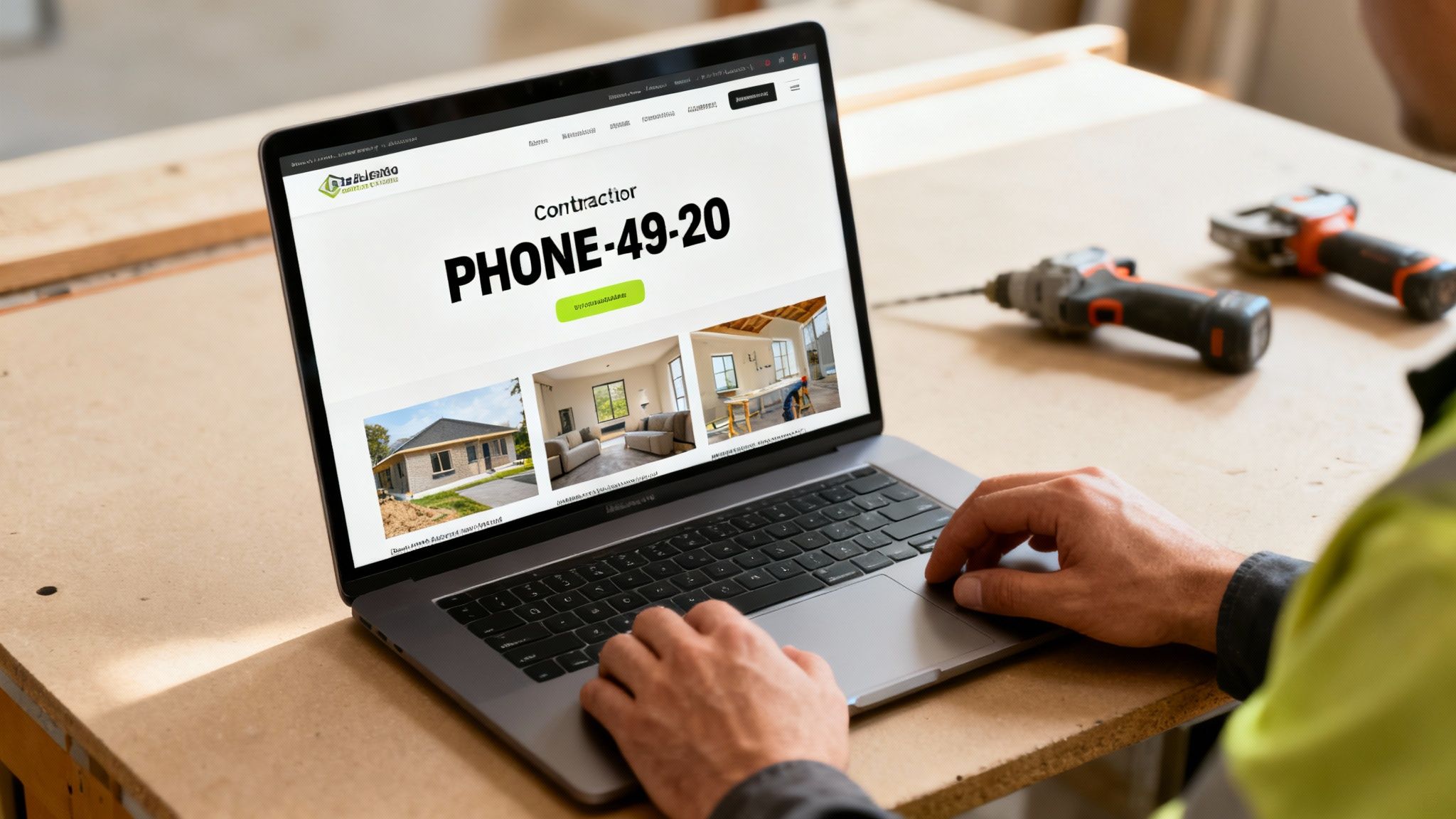 A contractor's website displayed on a laptop screen, showing before-and-after project photos.