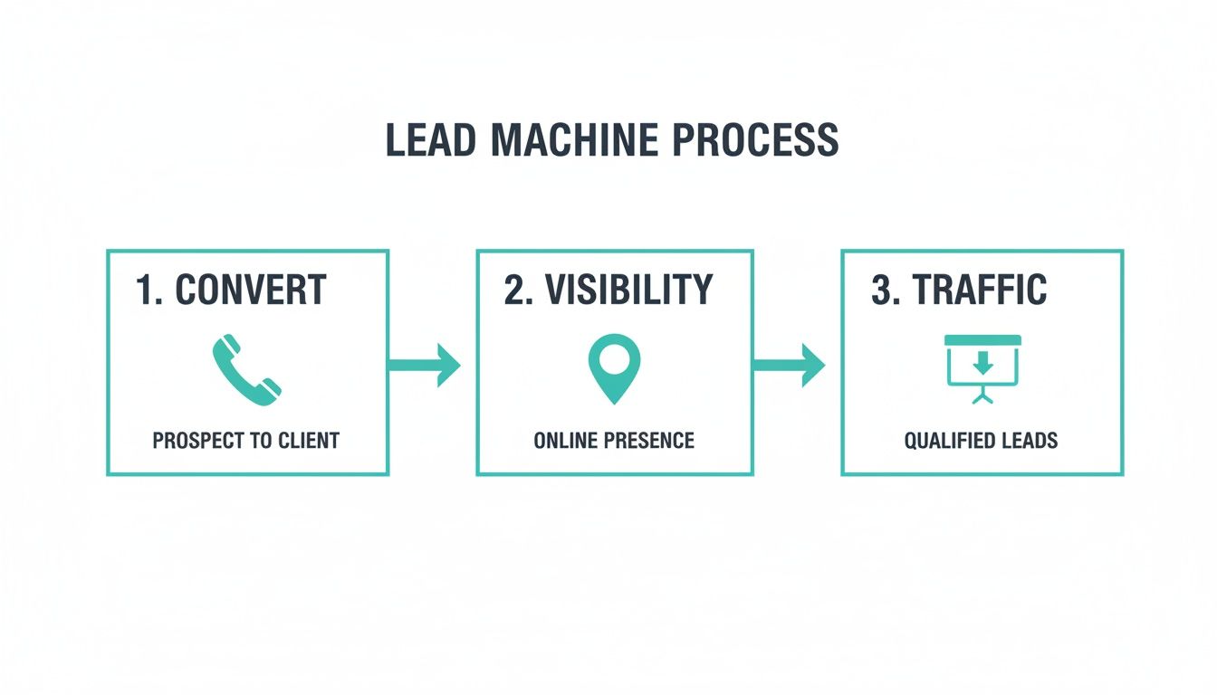 A lead machine process diagram showing convert, visibility, and traffic steps for business growth.