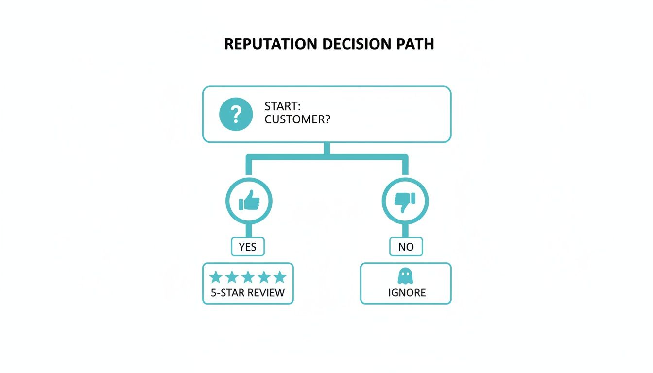 Flowchart showing a reputation decision path: customer leads to 5-star review, non-customer is ignored.