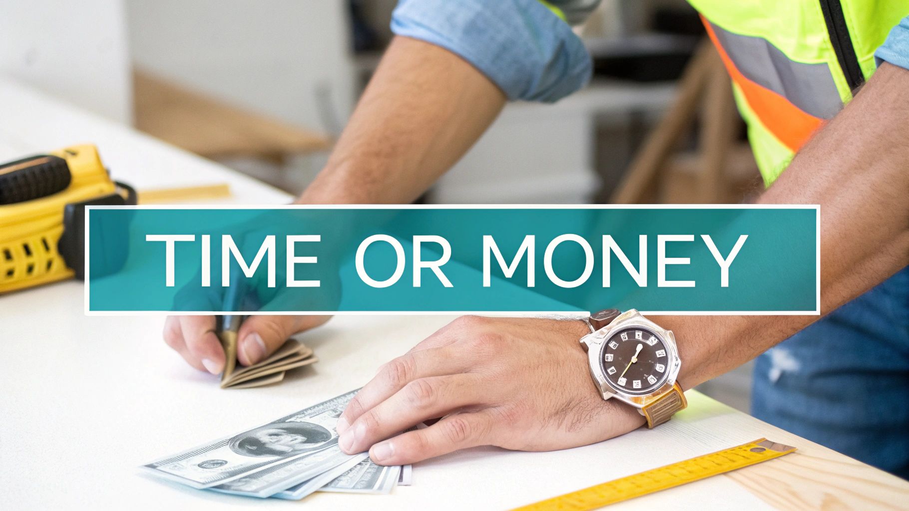 A construction worker's hands hold cash and a watch, with 'TIME OR MONEY' text overlay.