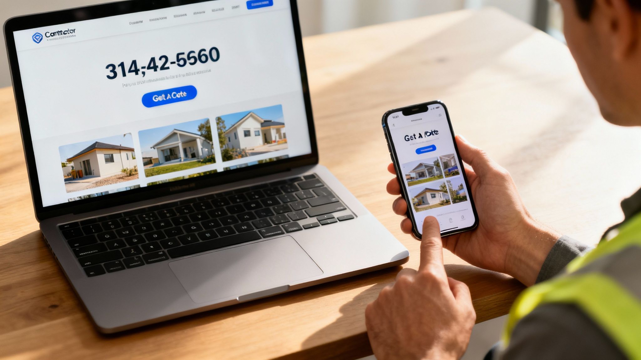 A modern, clean contractor website design shown on a laptop and a mobile phone.