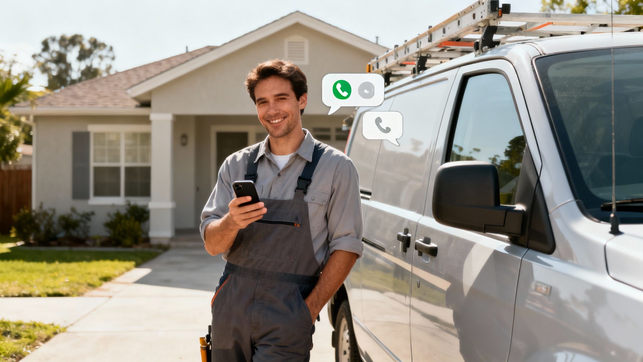 A contractor on a tablet in front of a partially constructed home, symbolizing modern lead generation.