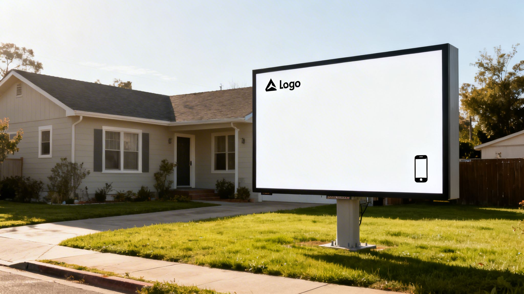 A modern house with a green lawn, sidewalk, and a large white billboard displaying a logo and phone icon.