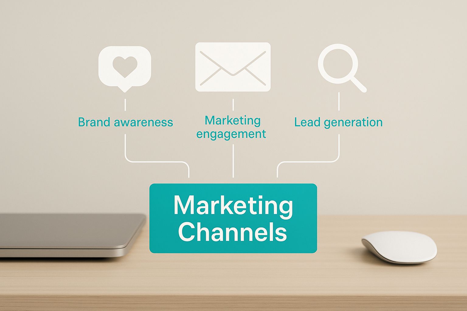 Infographic showing key marketing channels like social media, email, and search engines floating above a desk.