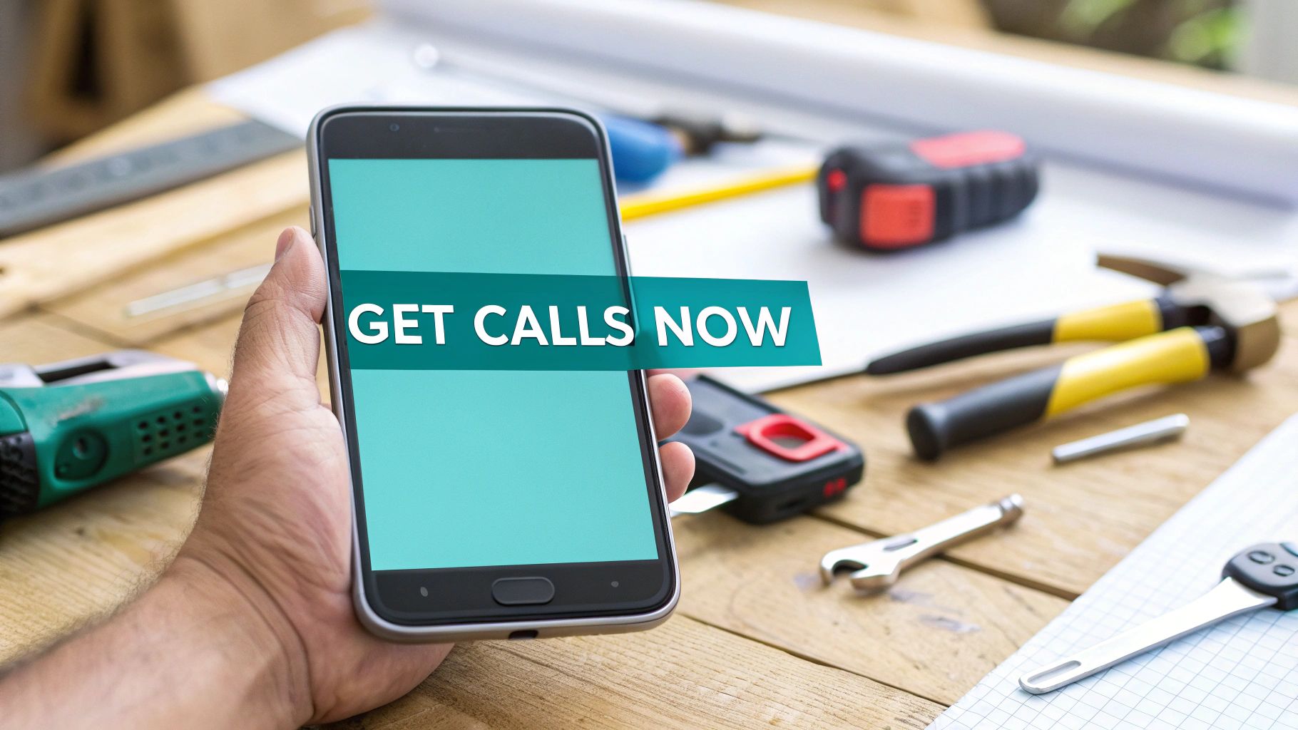 A hand holds a smartphone displaying "GET CALLS NOW" amidst various contractor tools on a wooden desk.