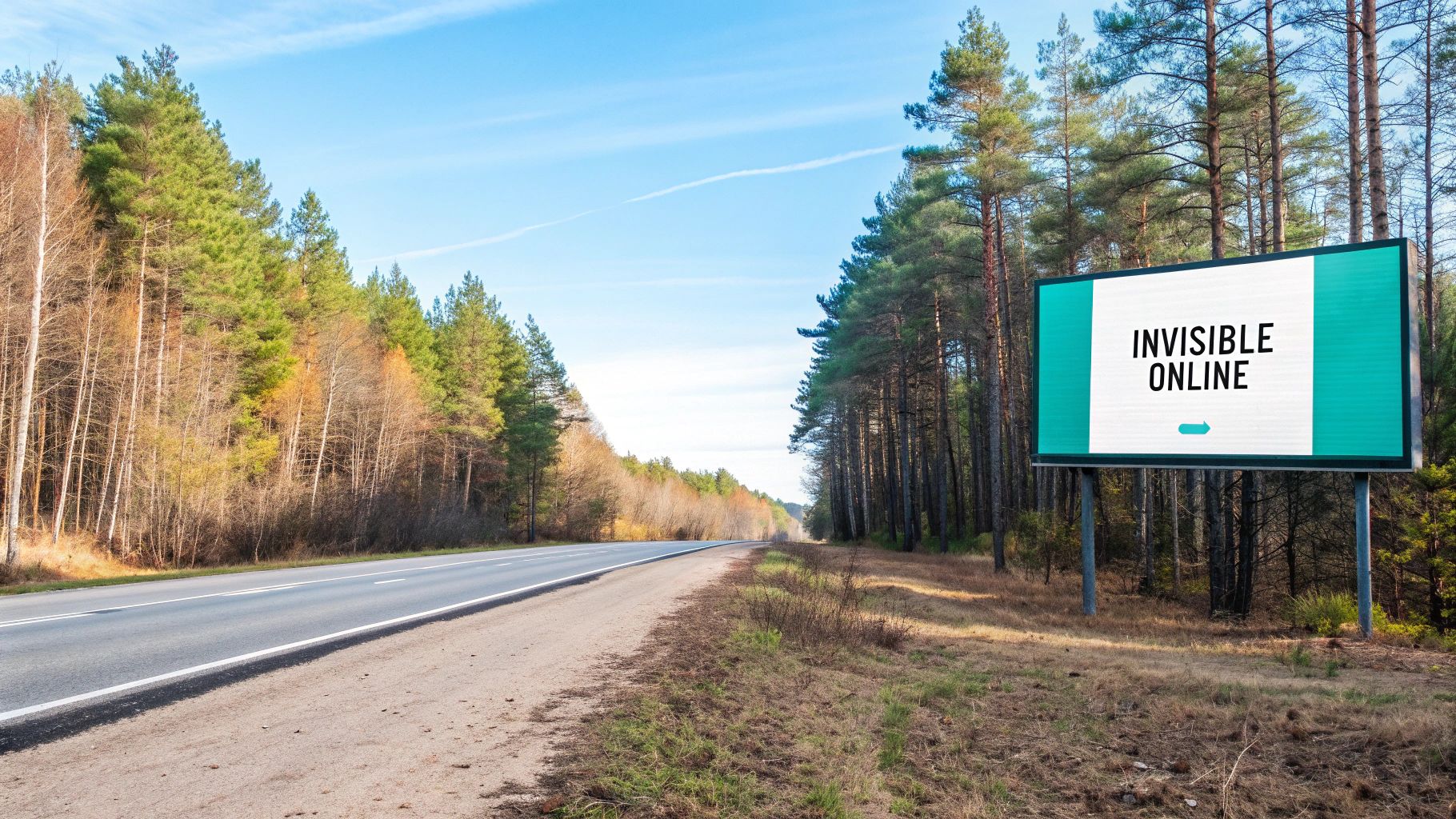 A remote road through a forest with a billboard displaying "INVISIBLE ONLINE" on a bright day.