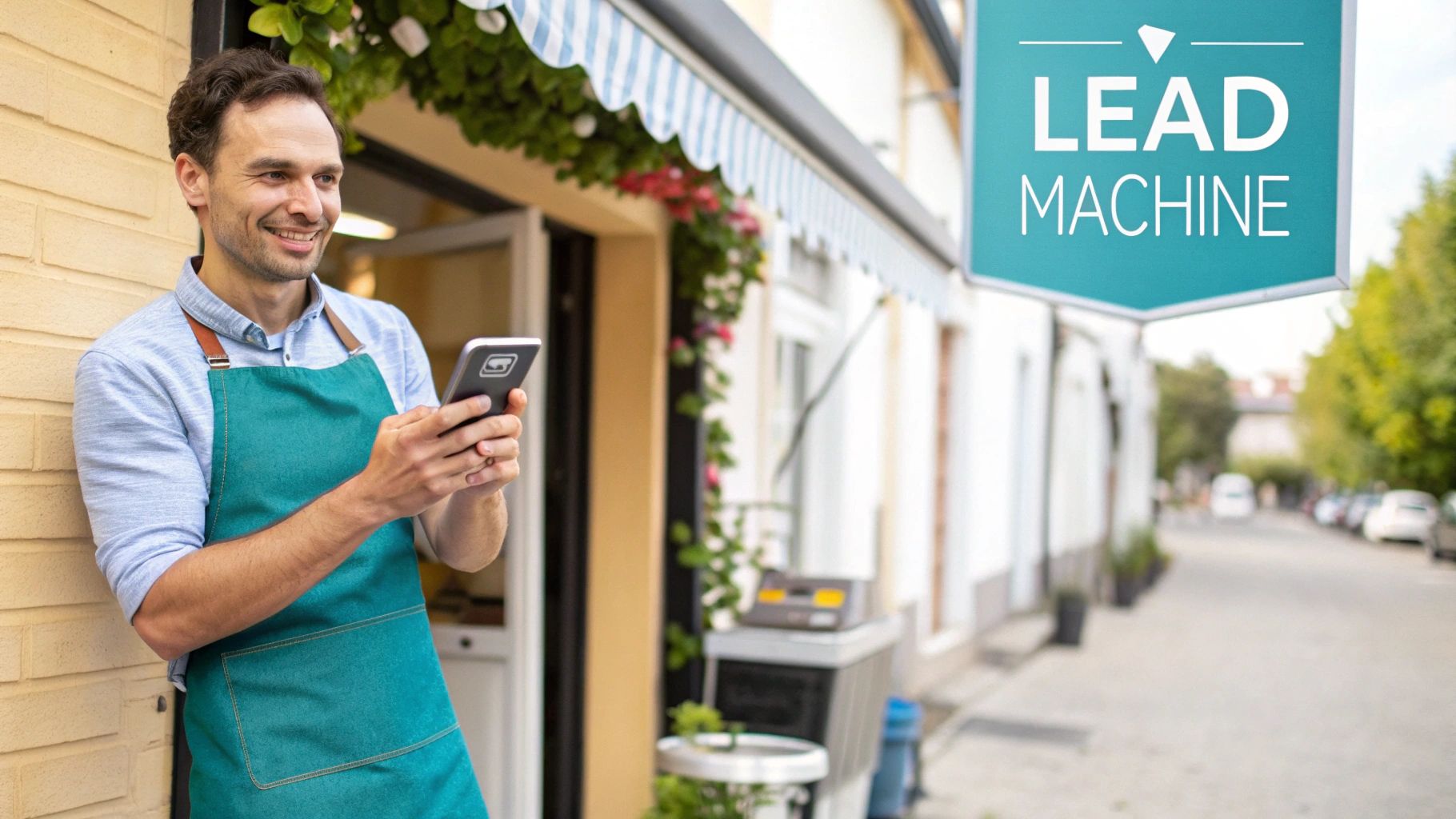 A smiling man in an apron leans against a brick wall, using a smartphone, with a "LEAD MACHINE" sign in the background.