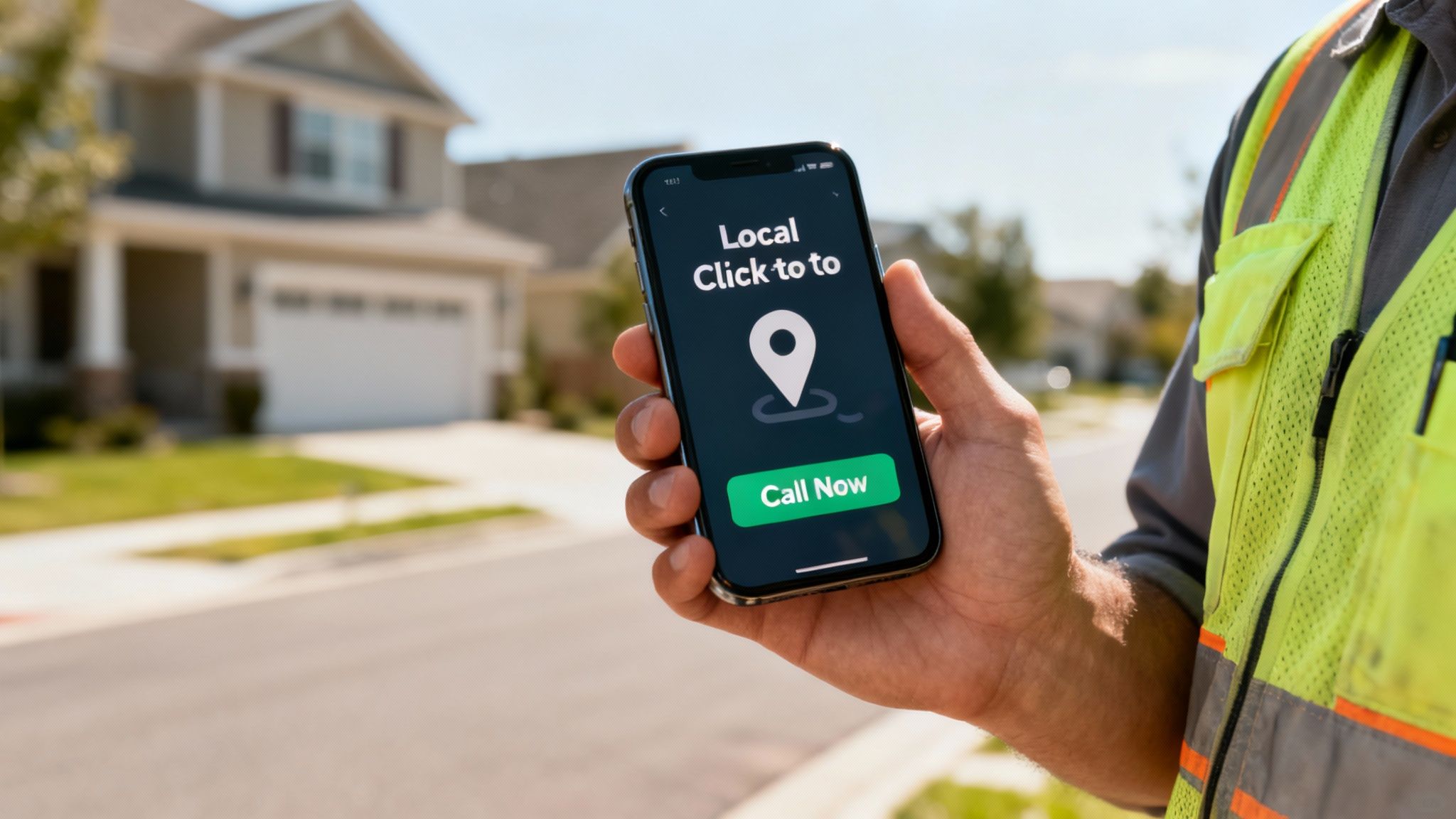 A smartphone displaying a 'click-to-call' ad for a local contractor, ready to be tapped.