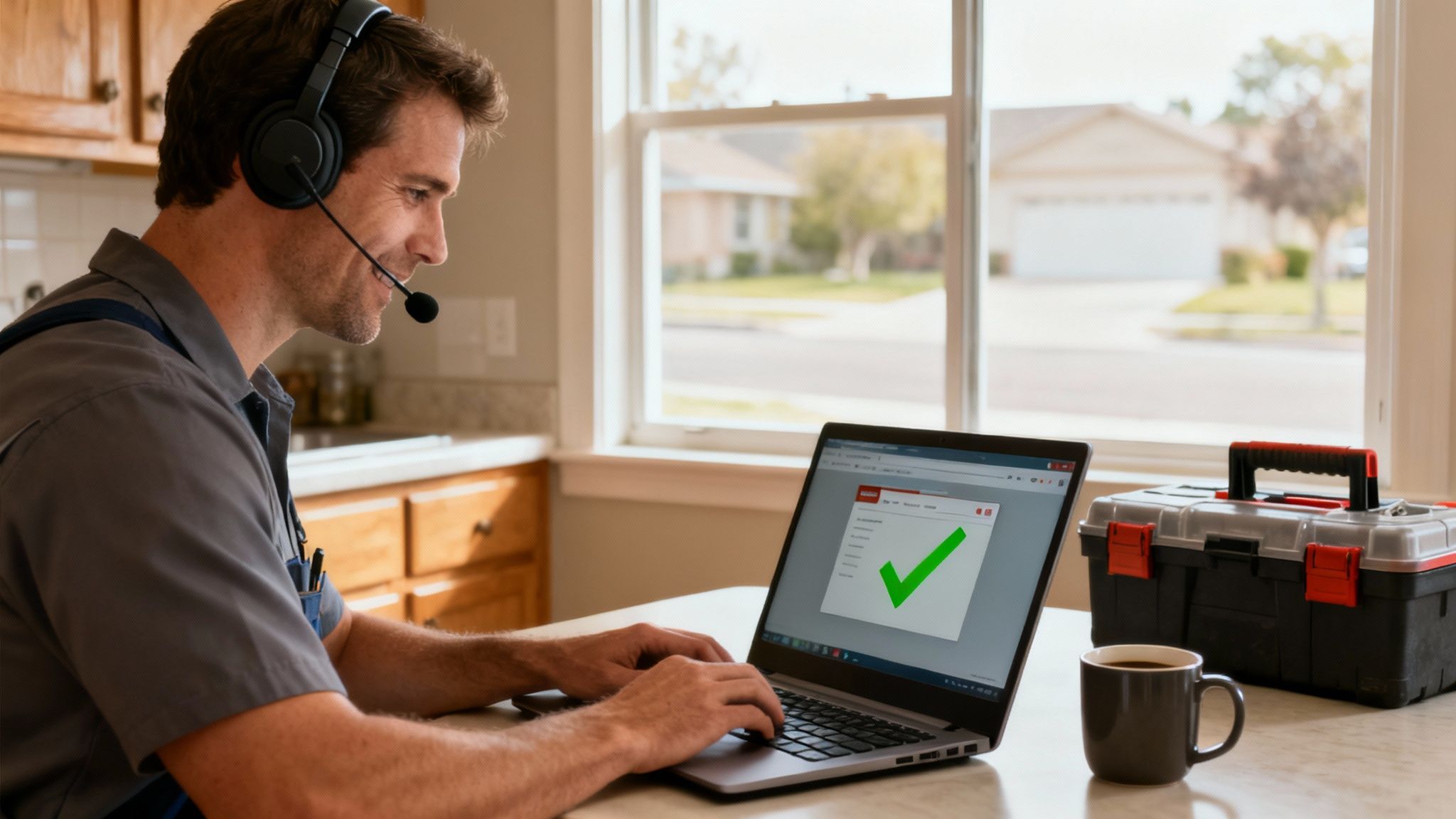 A friendly support person answering a phone call in an American office.