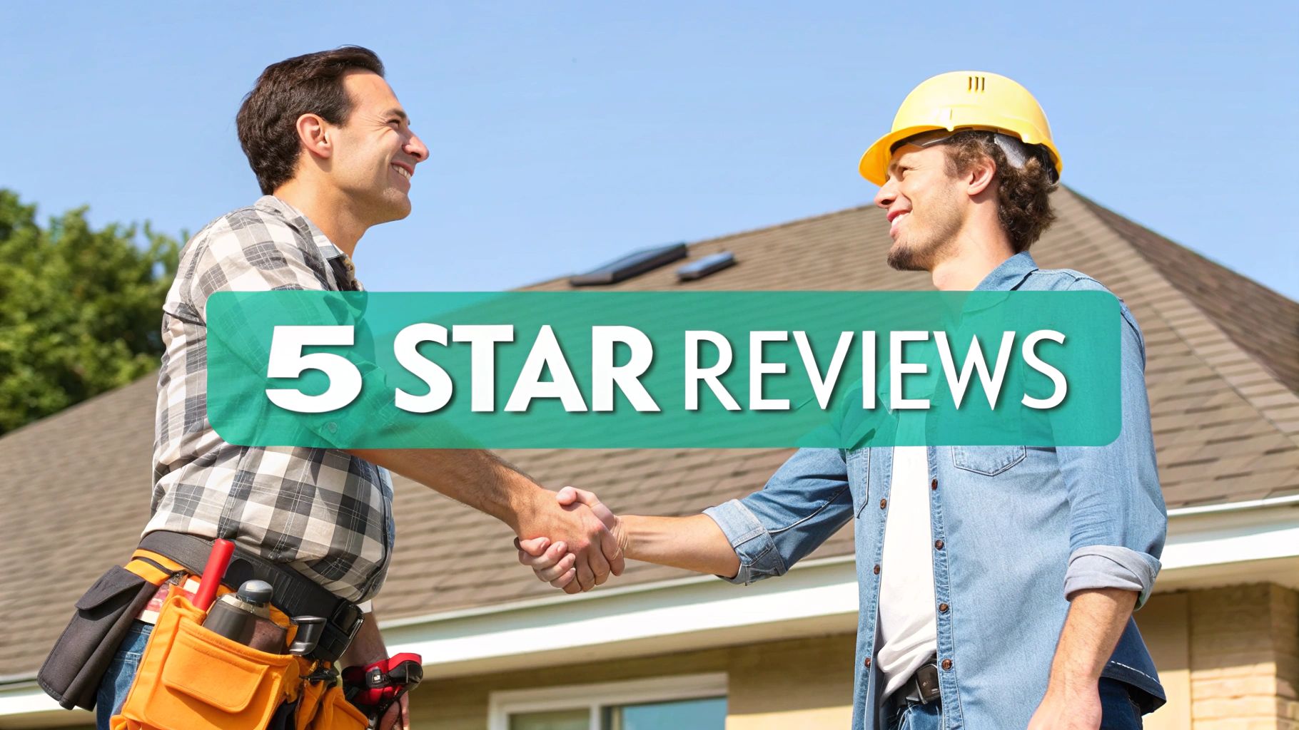 Two happy roofers shake hands in front of a house with a '5 STAR REVIEWS' banner.