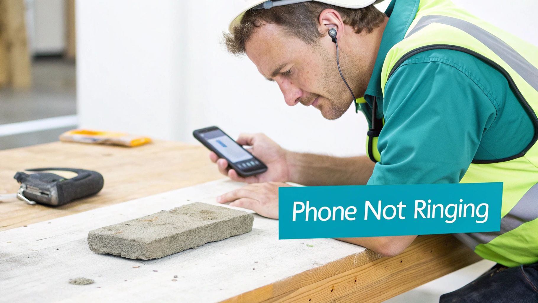 A construction worker in a hard hat and safety vest looks at his smartphone, wearing an earbud, beside a brick and tape measure.