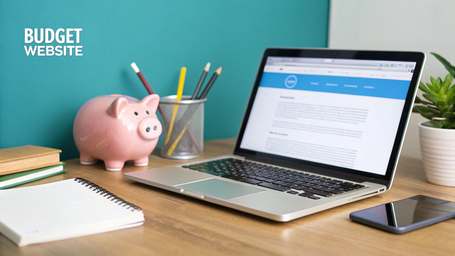 A person happily building a website on a laptop, surrounded by money-saving icons like a piggy bank and price tags.