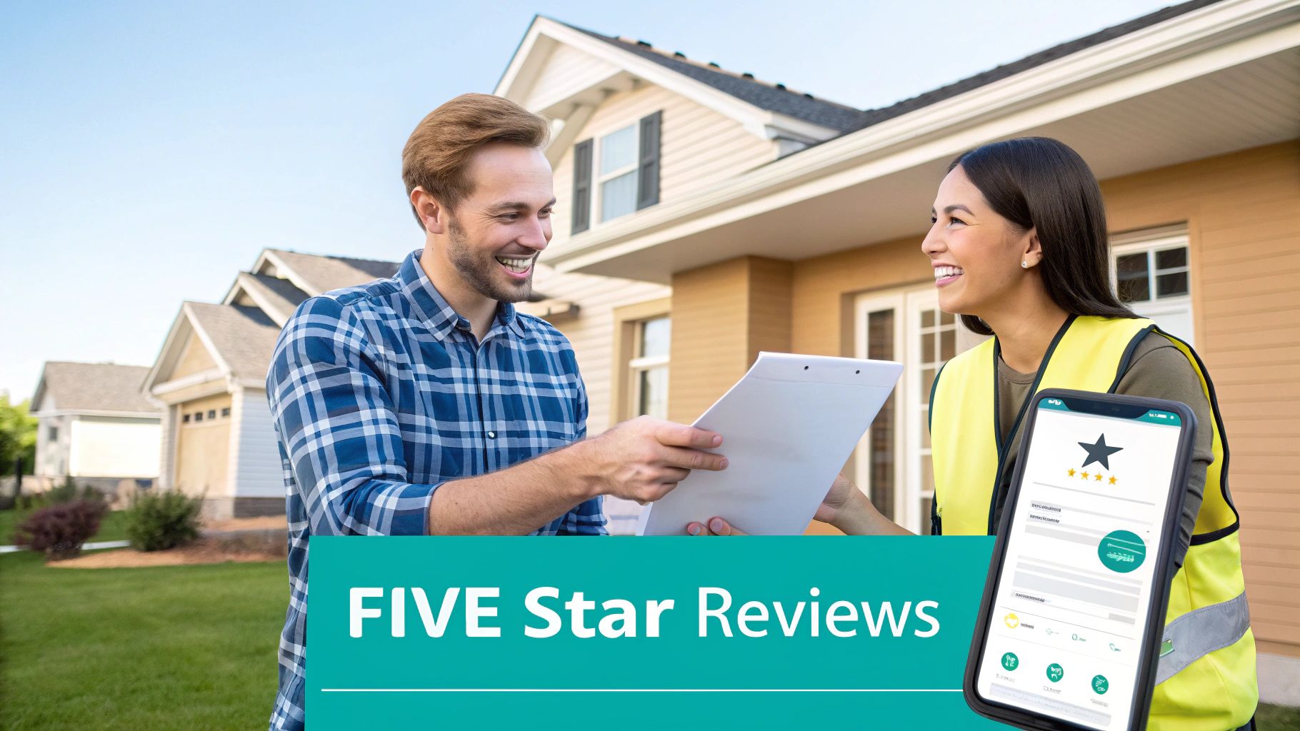 Smiling contractor and happy customer reviewing a document, with a phone displaying five-star reviews.