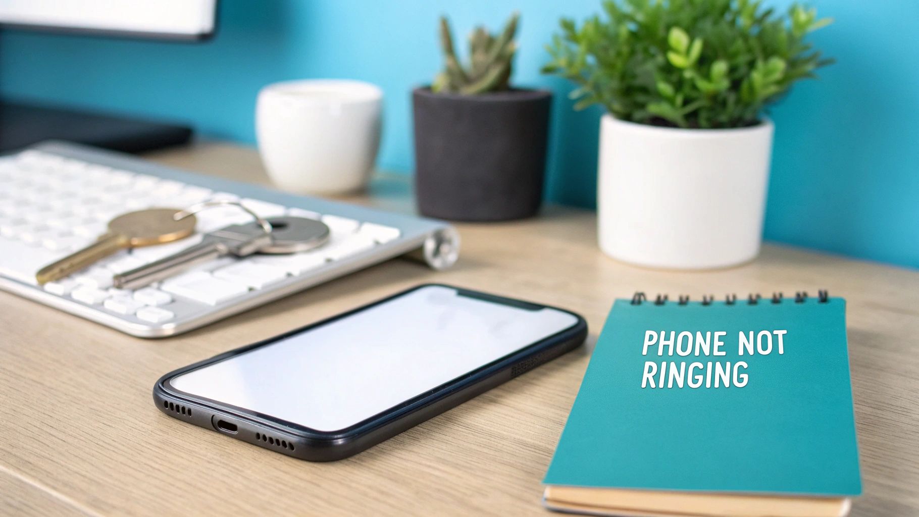 A home office desk with a smartphone, keys, keyboard, and a teal notebook about phone issues.