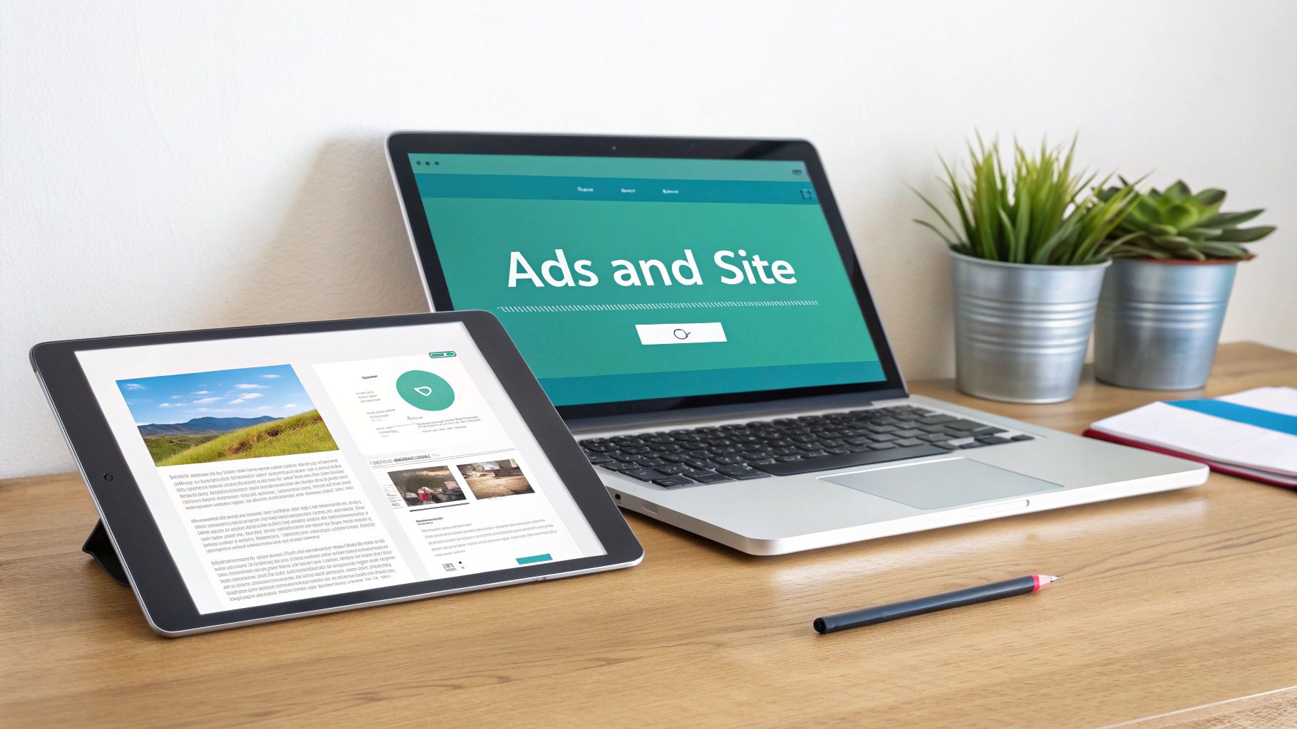 A laptop and tablet display websites on a wooden desk with plants, ideal for web design.