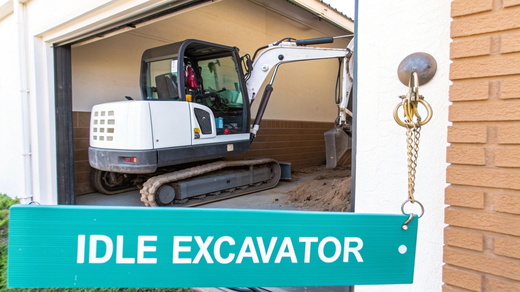An idle white mini excavator is parked inside a garage with a pile of dirt, next to a building wall.