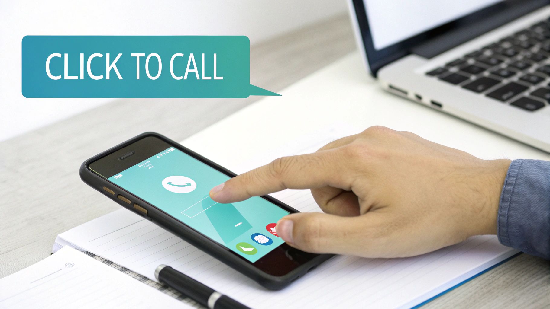 A hand taps a smartphone screen displaying a call interface and a 'Click to Call' button.