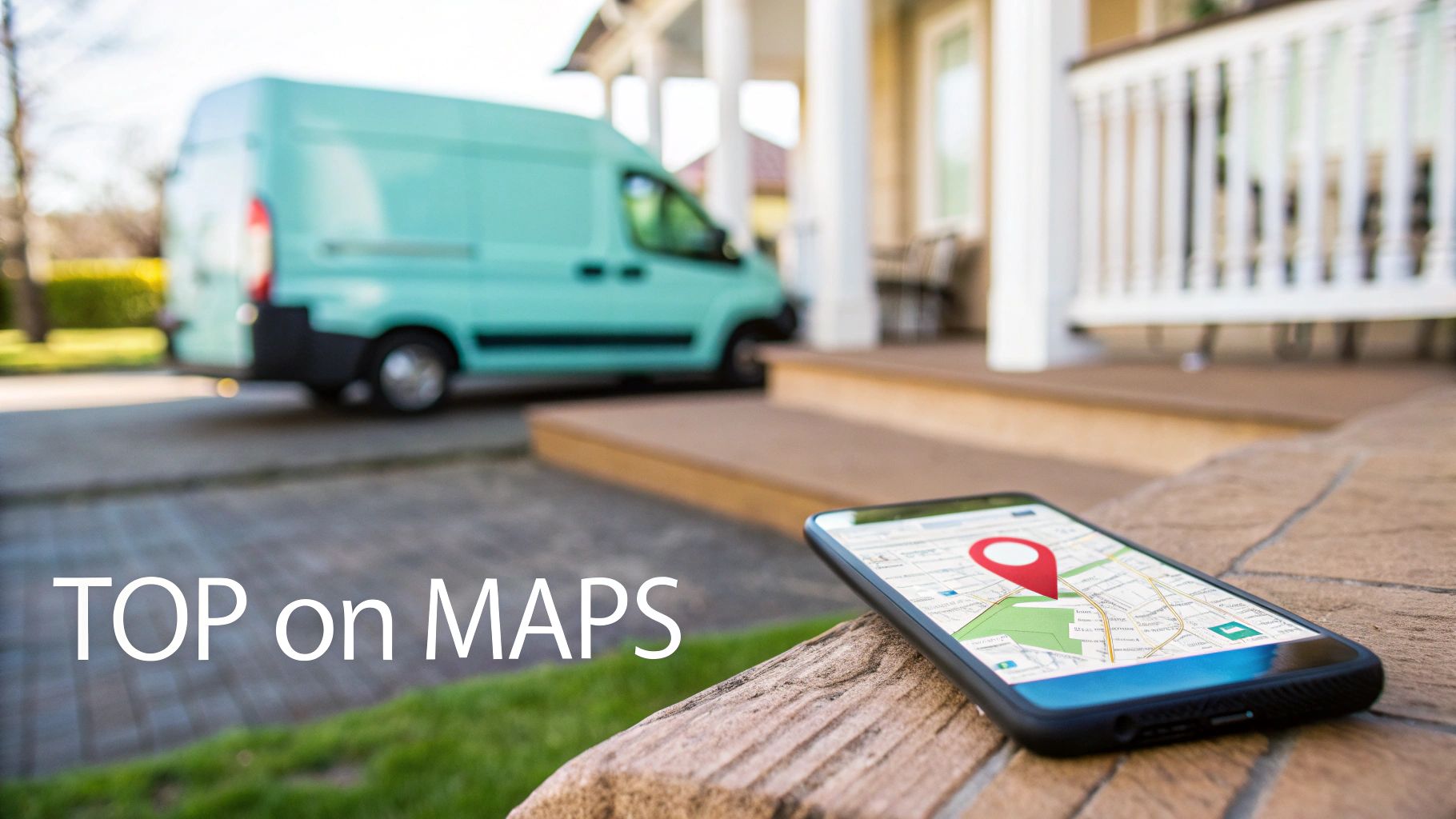 Delivery van parked outside a house with a smartphone showing a map and a red location pin.