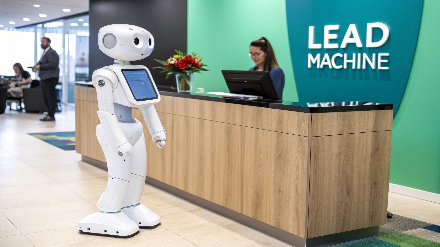 A white humanoid robot stands beside a reception desk with a woman and "LEAD MACHINE" sign.