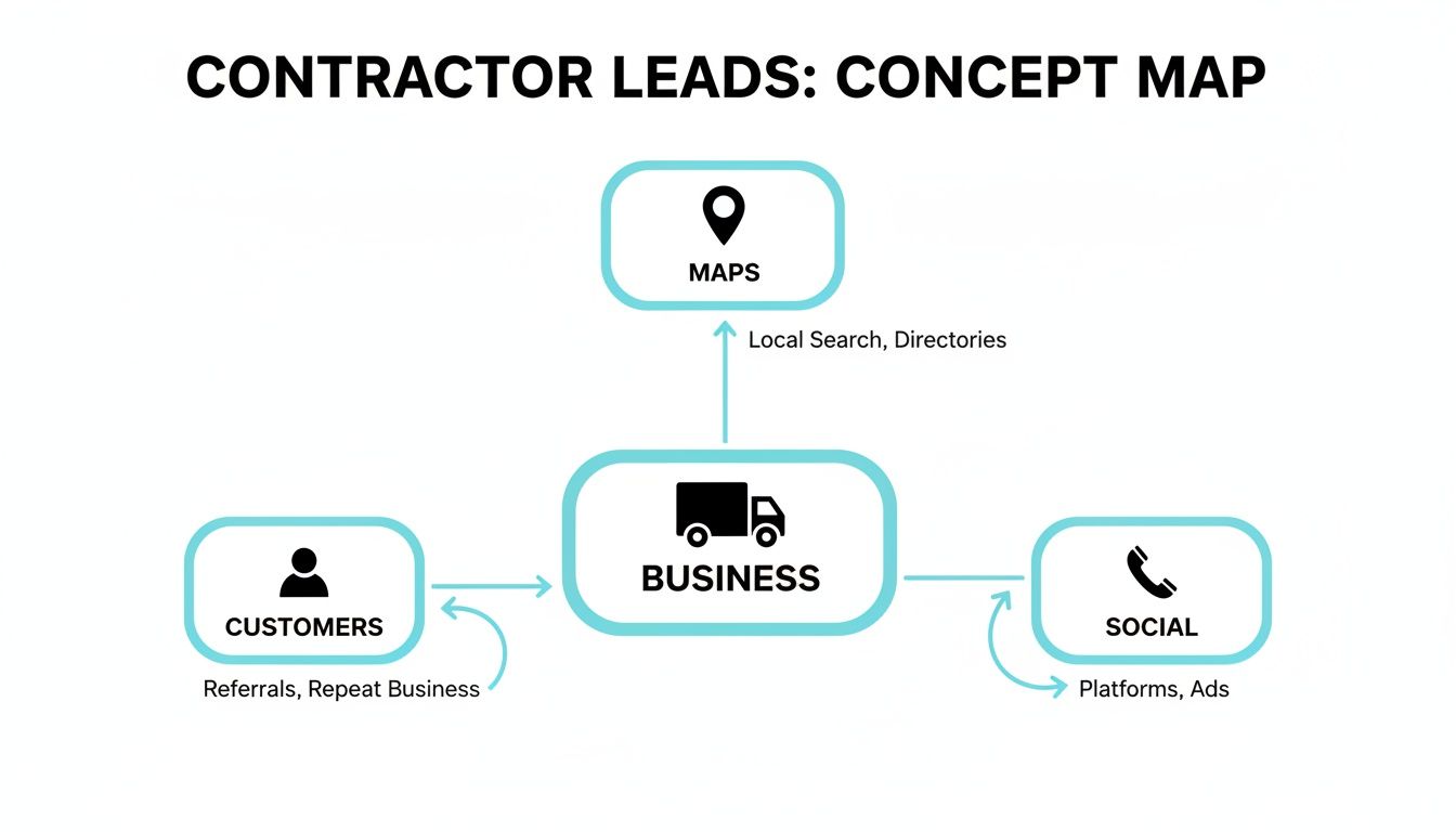 Concept map illustrating how contractor businesses generate leads from maps, social media, and customer referrals.